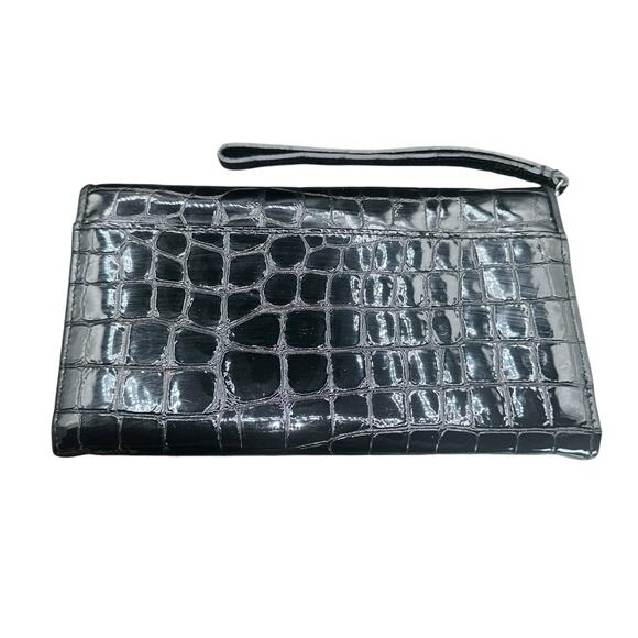 Brighton Shiny Black Croc Embossed Leather Wristlet Wallet Clutch - Picture 14 of 16